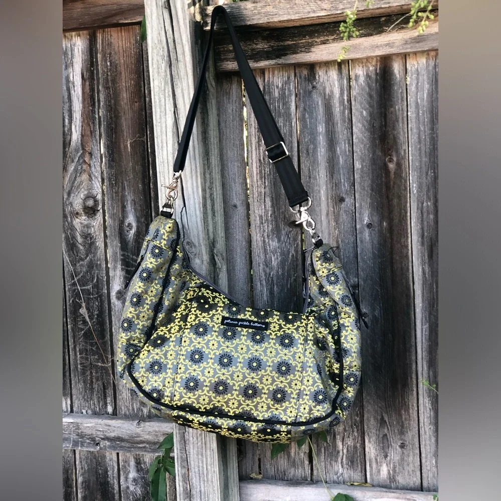 Diaper Bag in an elaborate pattern gold/olive/black silver hardware
